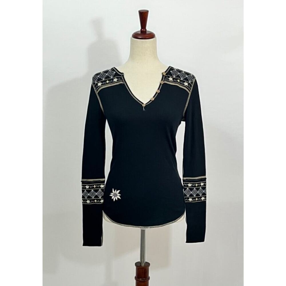 ALP n ROCK Sz XS Black Embroidered Henley Top Vintage Cross
